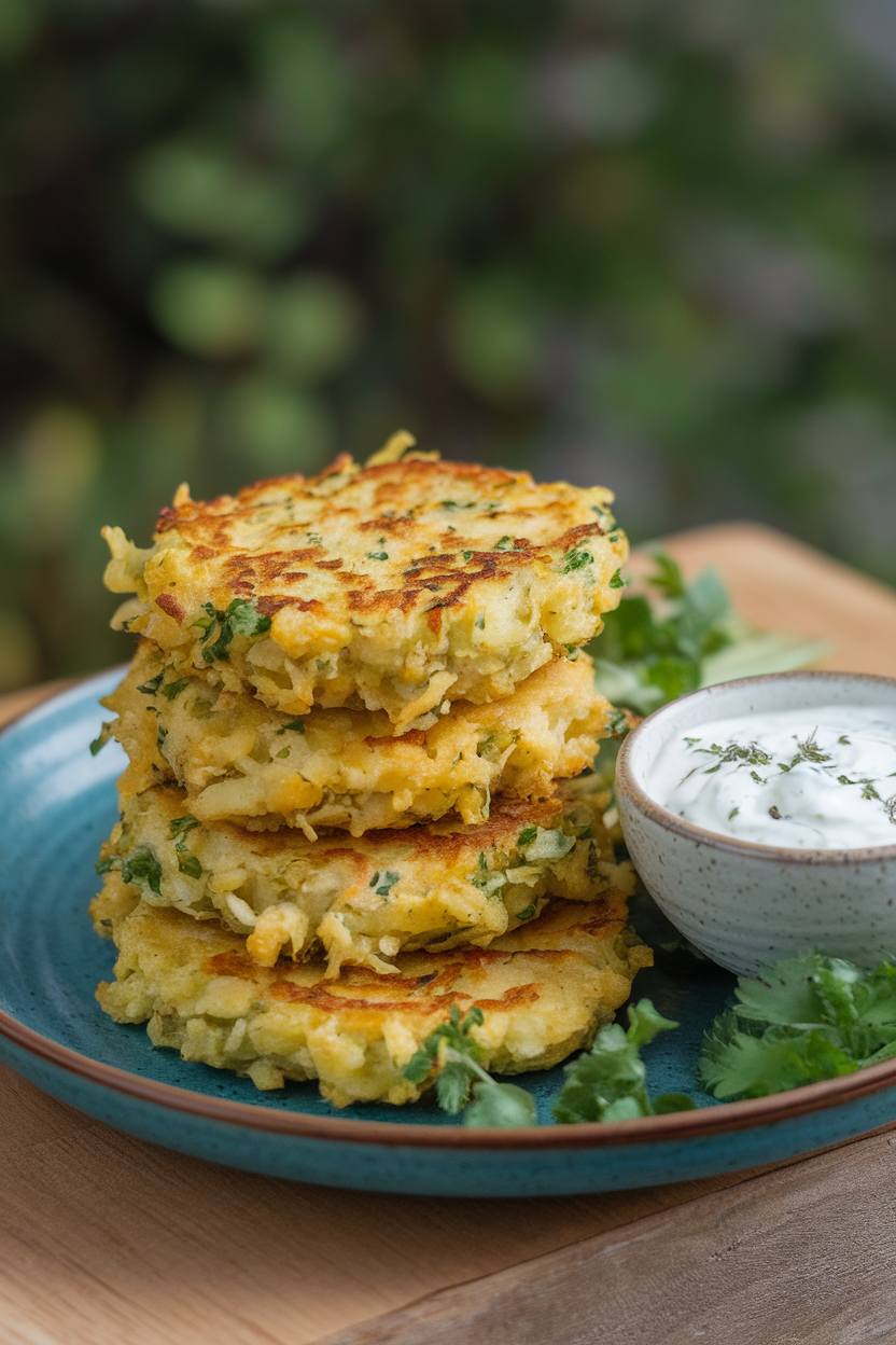 An indoor plate of golden cauliflower fritters stacked beside a small bowl of herbed yogurt dip. No text or logos. Photo, not illustration.