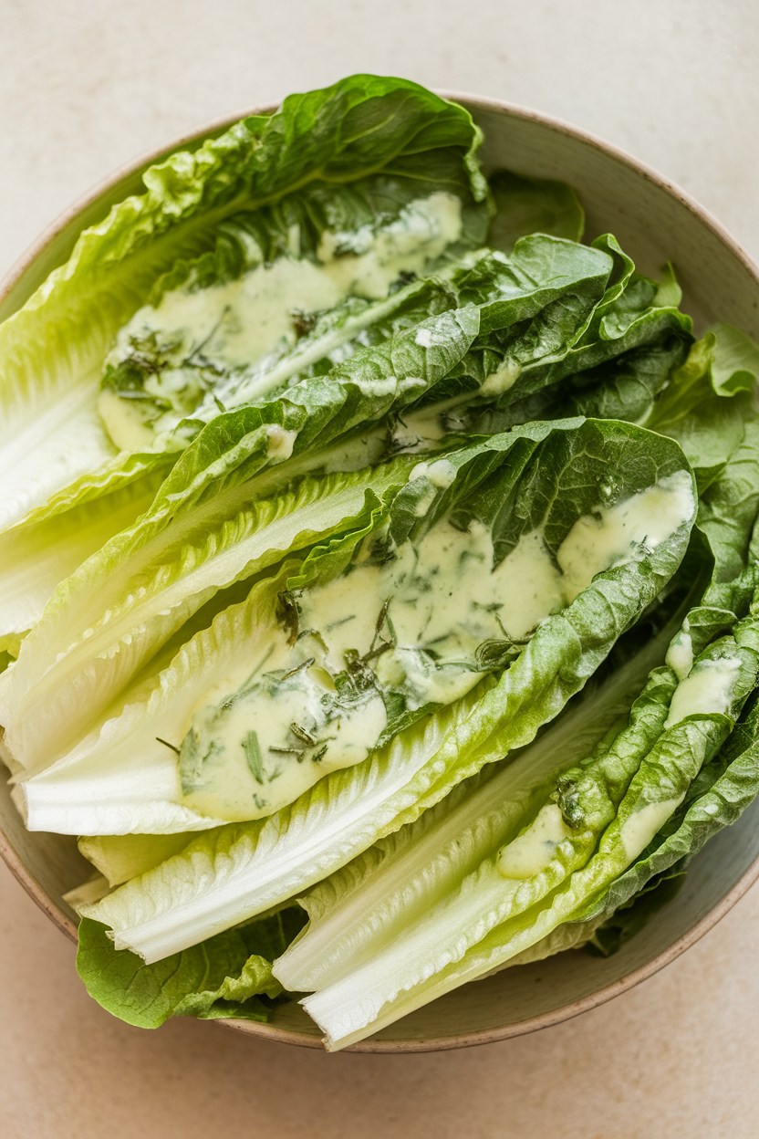 Indoor photo of crisp baby romaine leaves drizzled with pale green herb dressing in a wide salad bowl; no text or logos.