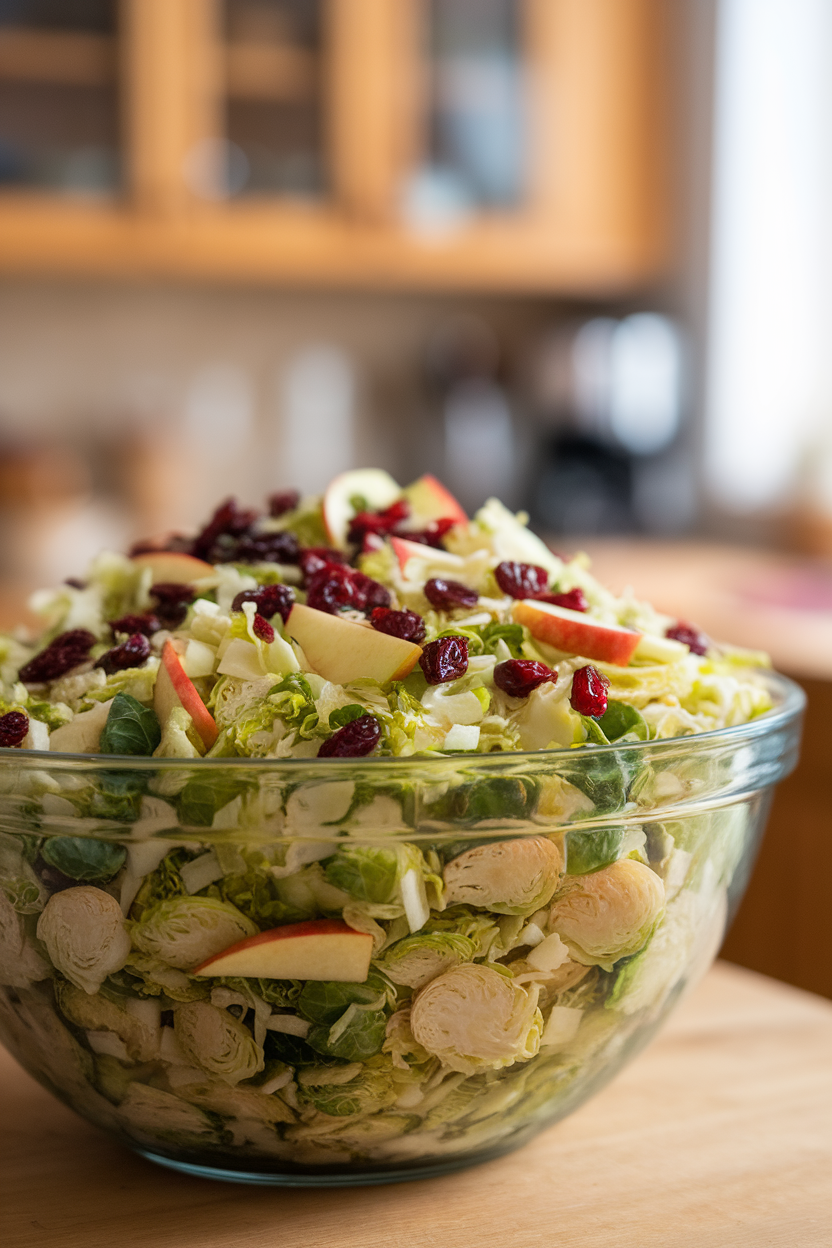 Photo of an indoor bowl brimming with finely shredded Brussels sprouts, apple slices, and dried cranberries; no text or logos