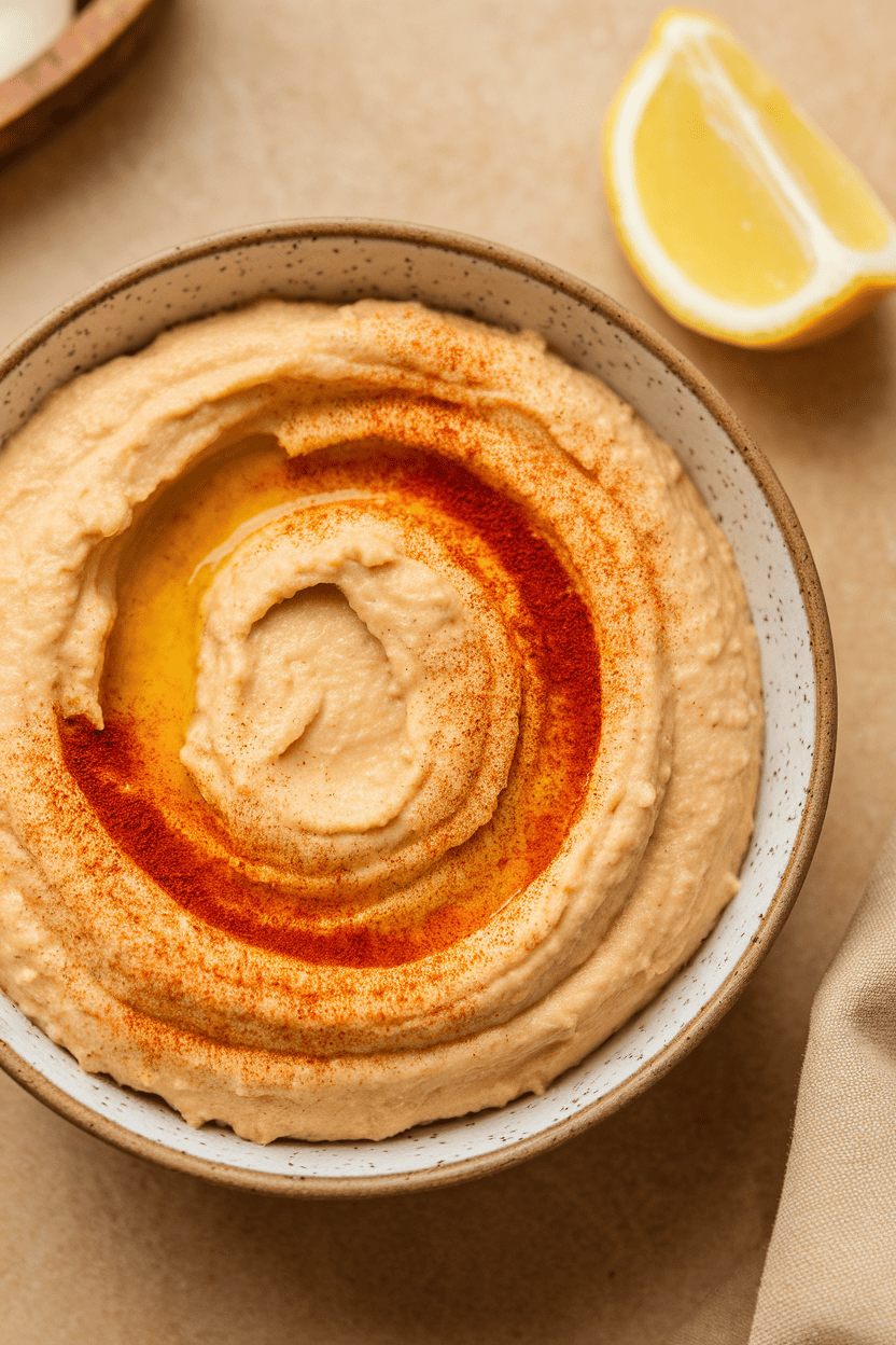 Indoor bowl of creamy hummus topped with paprika swirl and lemon wedge, no branding