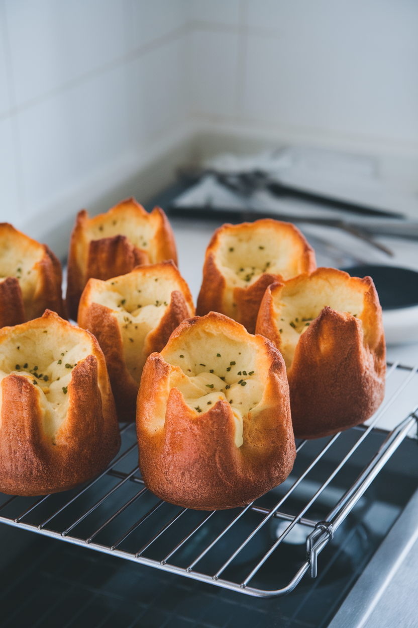 Indoor baking rack holding tall popovers with melted cheddar pockets and flecks of chive on their golden tops. Photo, no text or logos.
