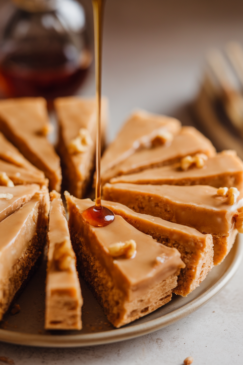 Close-up indoor photo of maple-glazed walnut shortbread wedges arranged in a fan on a neutral plate, maple syrup dripper blurred in background. No text or logos. Photo only.
