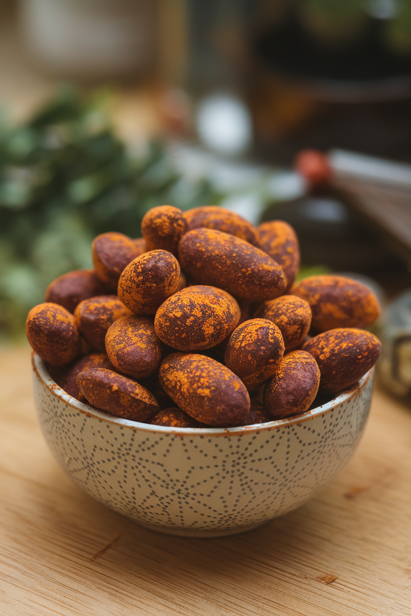 Photo of glossy dark chocolate-coated almonds dusted with chili powder in an indoor bowl, no text or logos.