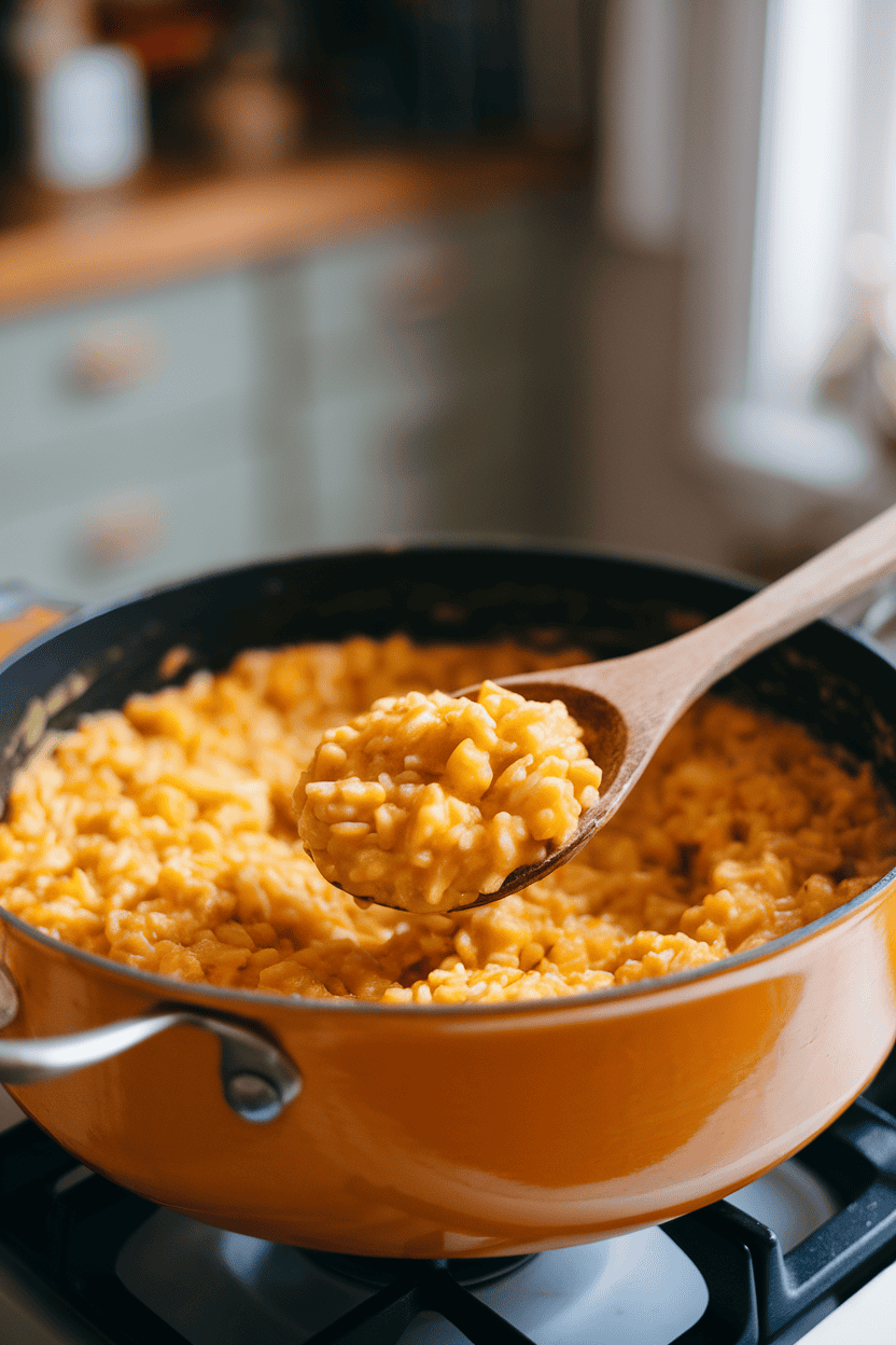 An indoor stovetop pot of creamy butternut squash risotto, wooden spoon scooping a portion—no logos or text visible. Photo only.