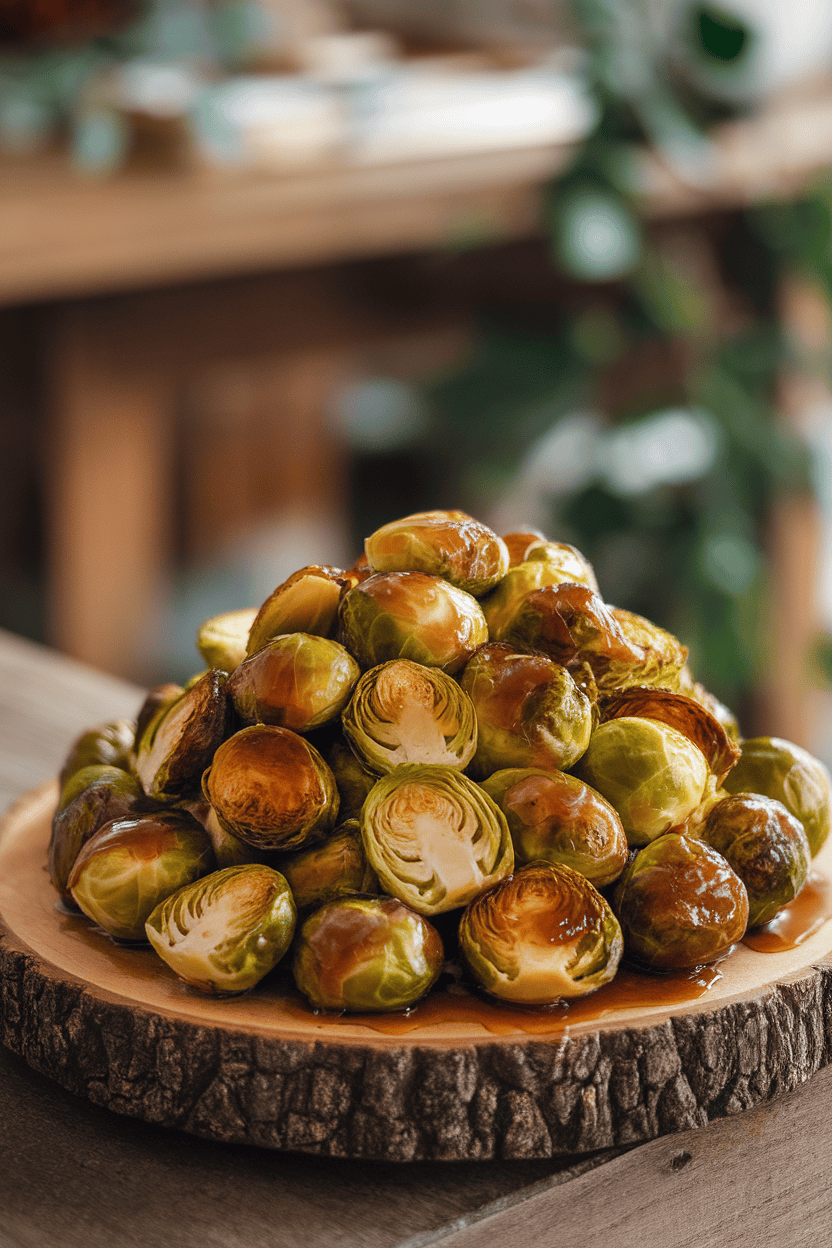 Indoor serving platter of caramelized Brussels sprouts glazed with maple syrup, no text