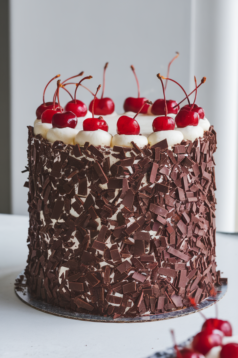 A tall Black Forest cake indoors, cloaked in chocolate shavings and crowned with bright maraschino cherries, sliced to reveal cherry-studded layers. Photo only, no text or logos.