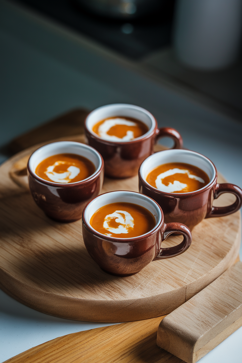 Photo of small espresso cups filled with velvety orange soup, each with a swirl of coconut cream, indoor lighting. No text or logos.