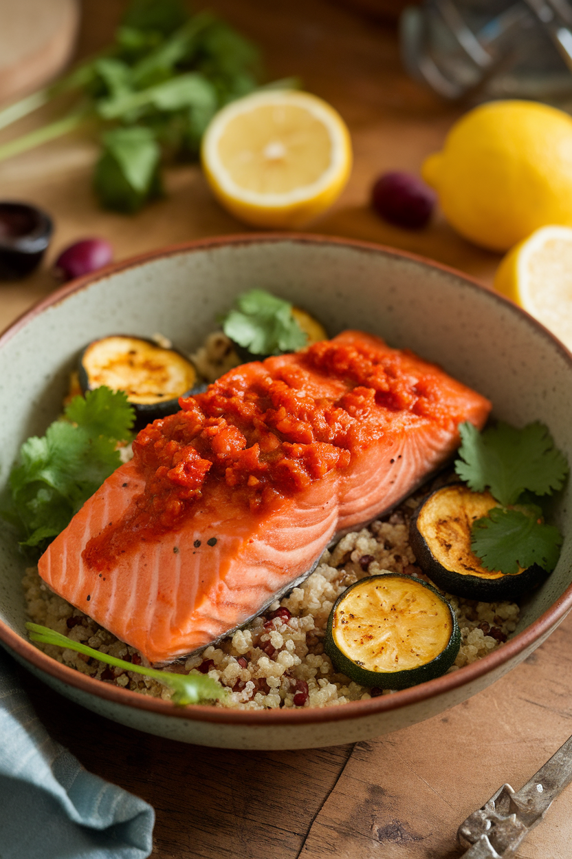 Photo of a cooked salmon fillet brushed with red harissa glaze atop quinoa in a rustic bowl, garnished with roasted zucchini rounds and cilantro leaves. Indoor setting, no logos or text.