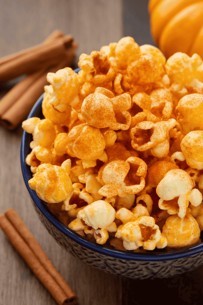Indoor snack bowl brimming with orange-tinted popcorn dusted with pumpkin spice, cinnamon sticks beside it. No text or logos.