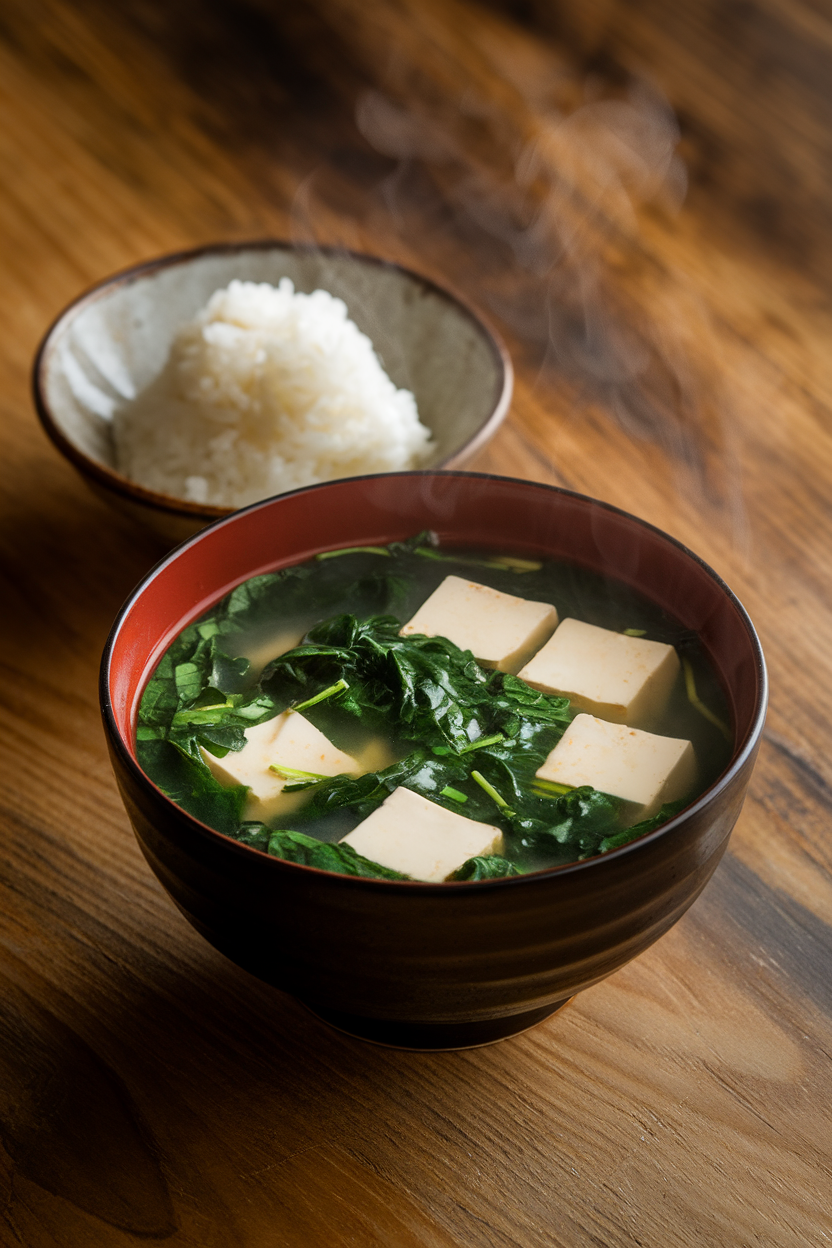 A steaming indoor shot of a small bowl of miso soup packed with spinach, tofu cubes, and a side scoop of white rice. No text or logos.