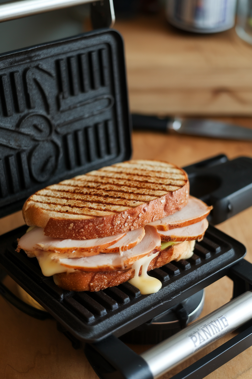 Indoor panini press scene with a grilled sandwich oozing cheese and featuring smoked turkey slices, grill marks visible. No text or logos.