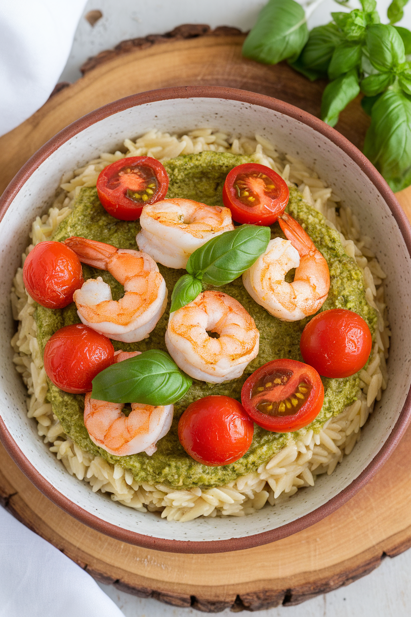Overhead photo of basil pesto-coated orzo topped with sautéed shrimp and cherry tomato halves in a ceramic bowl. Indoor, no logos.