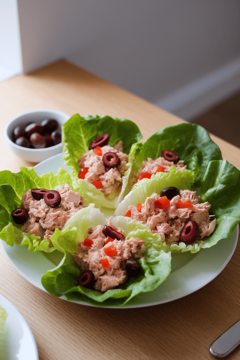 An indoor lunch table with a plate of crisp lettuce leaves filled with tuna salad dotted with olives and diced red pepper—no text or logos. Photo only.