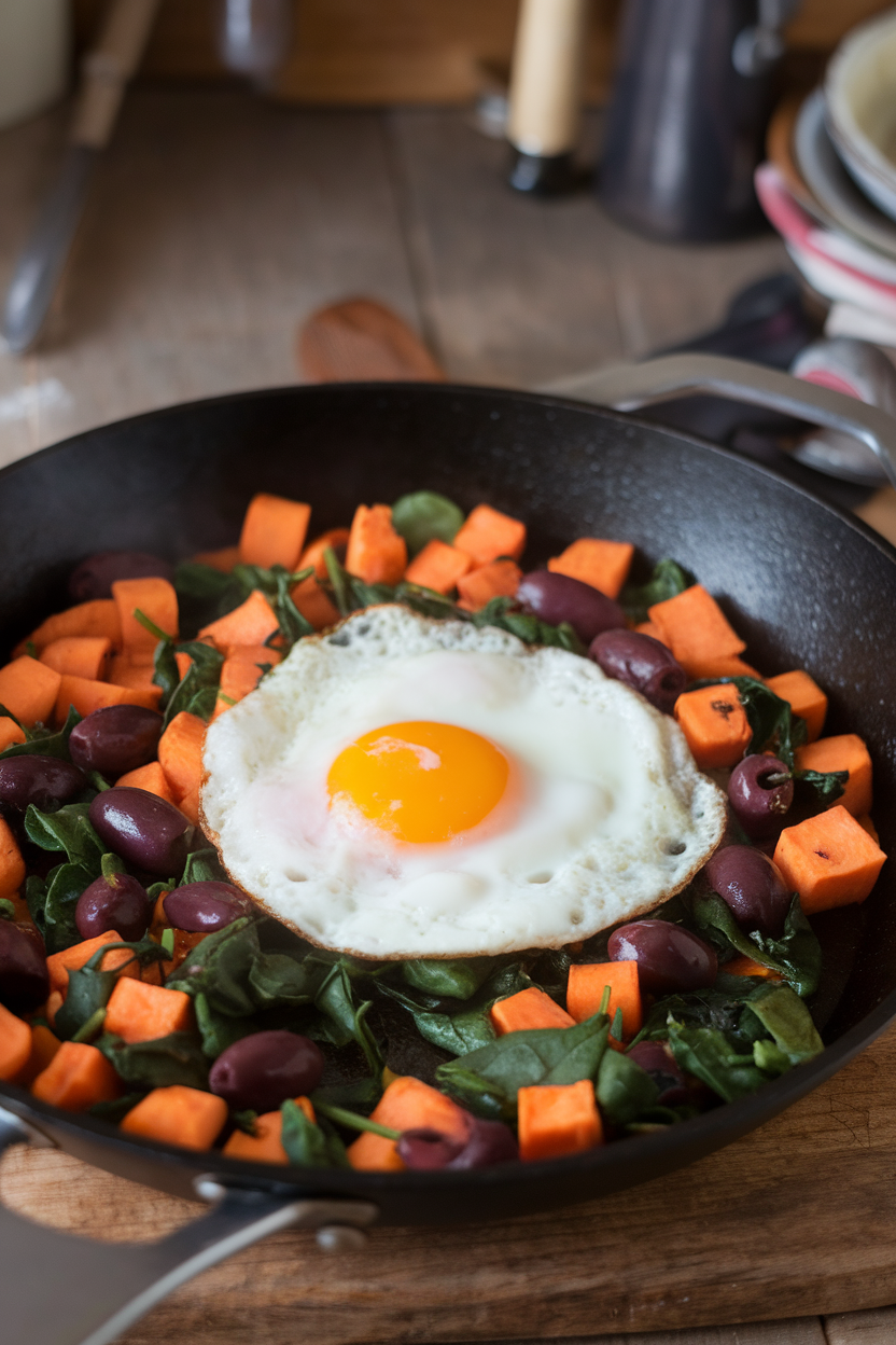 Photo of diced sweet potatoes, spinach, and olives sizzling in a skillet with a fried egg on top, indoor scene. No text or logos visible.
