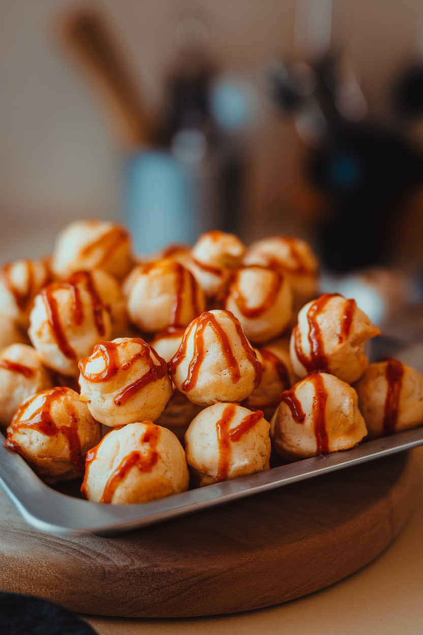 Photo of gougères dotted with streaks of sriracha resembling spider egg clusters, indoor tray. No text or logos.
