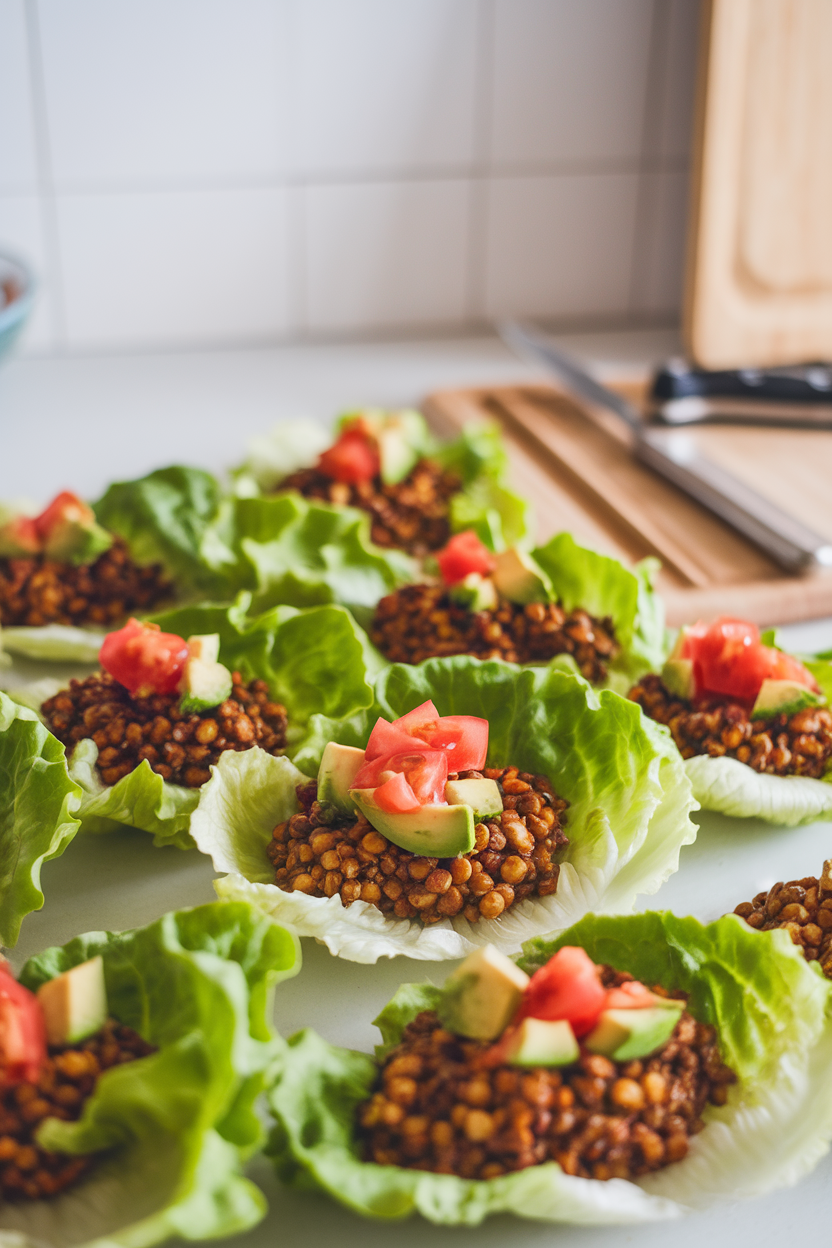 Indoor photo of crisp lettuce leaves filled with seasoned lentil-walnut mixture, topped with diced tomato and avocado. Bright kitchen light, no text or logos.
