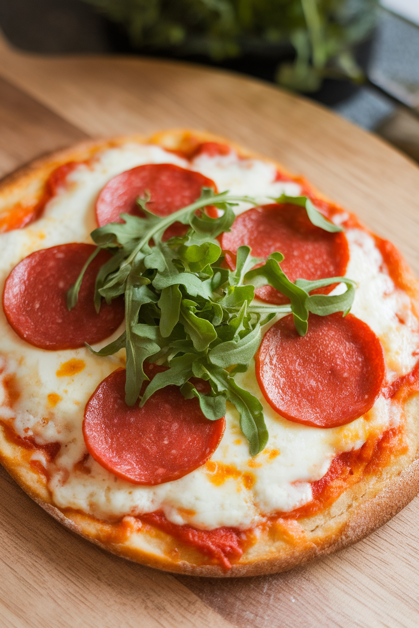 Indoor wooden board holding crisp flatbread topped with melted mozzarella, pepperoni, and fresh arugula. No text or logos.