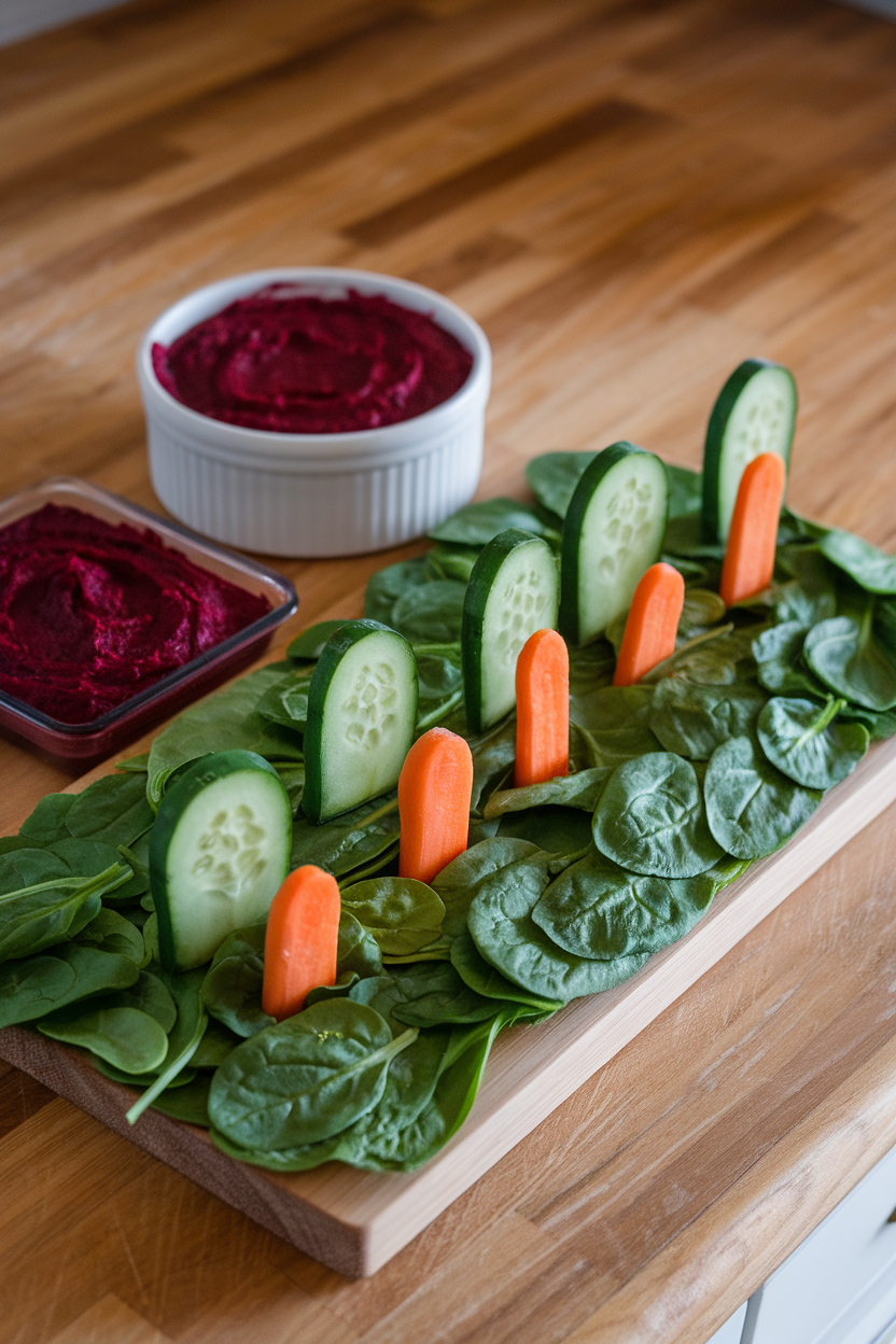 Indoor photo of a rectangular wooden board lined with spinach leaves for “grass,” featuring tombstone-shaped cucumber slices standing upright, with baby carrot “grave markers” and a ramekin of beet dip as fresh-dug earth. No text or logos.