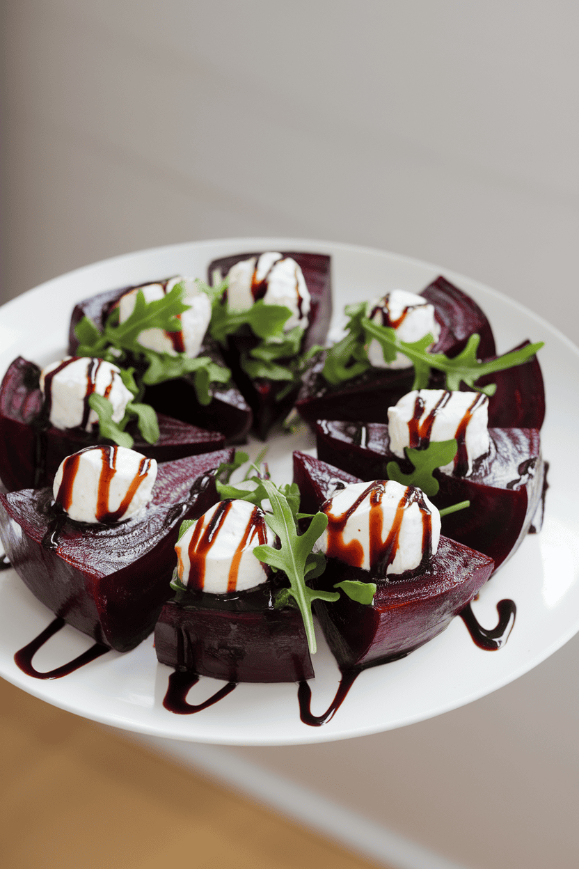 An indoor white plate holding roasted beet wedges topped with dollops of goat cheese, arugula leaves, and balsamic drizzle. No text or logos; photo only.