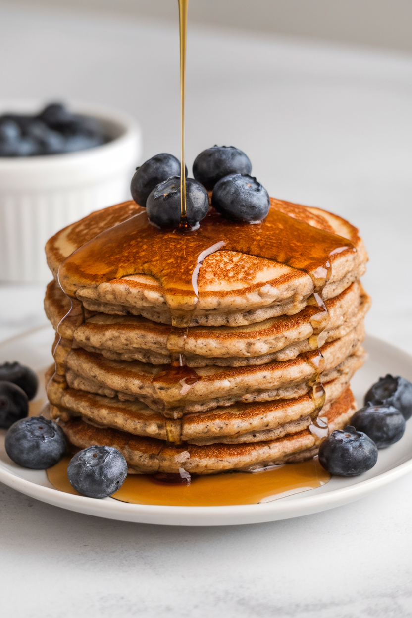 Indoor photo of a stack of oatmeal flaxseed pancakes drizzled with maple syrup, fresh blueberries on the side; no text or logos.