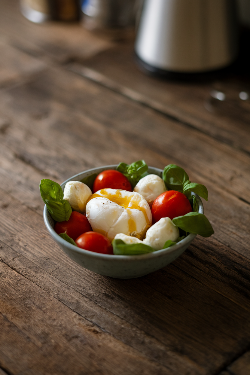 Photo of a small salad bowl containing cherry tomatoes, bocconcini, basil leaves, and a poached egg drizzled with olive oil, captured indoors on a rustic tabletop. No text or logos anywhere.