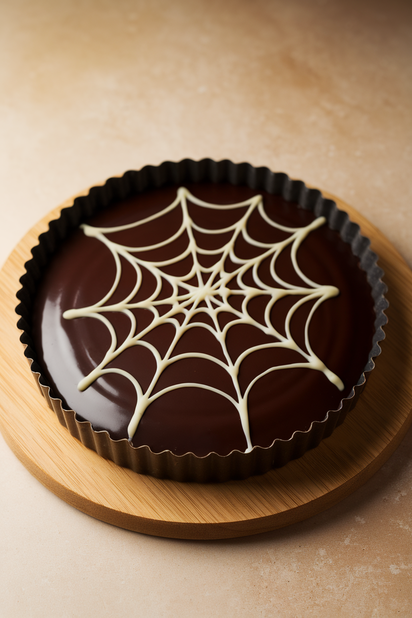 An indoor dining table with a glossy dark chocolate tart in a fluted pan, topped with a white chocolate spiderweb design created by dragging a toothpick from center outward. Photo only, no text or logos.