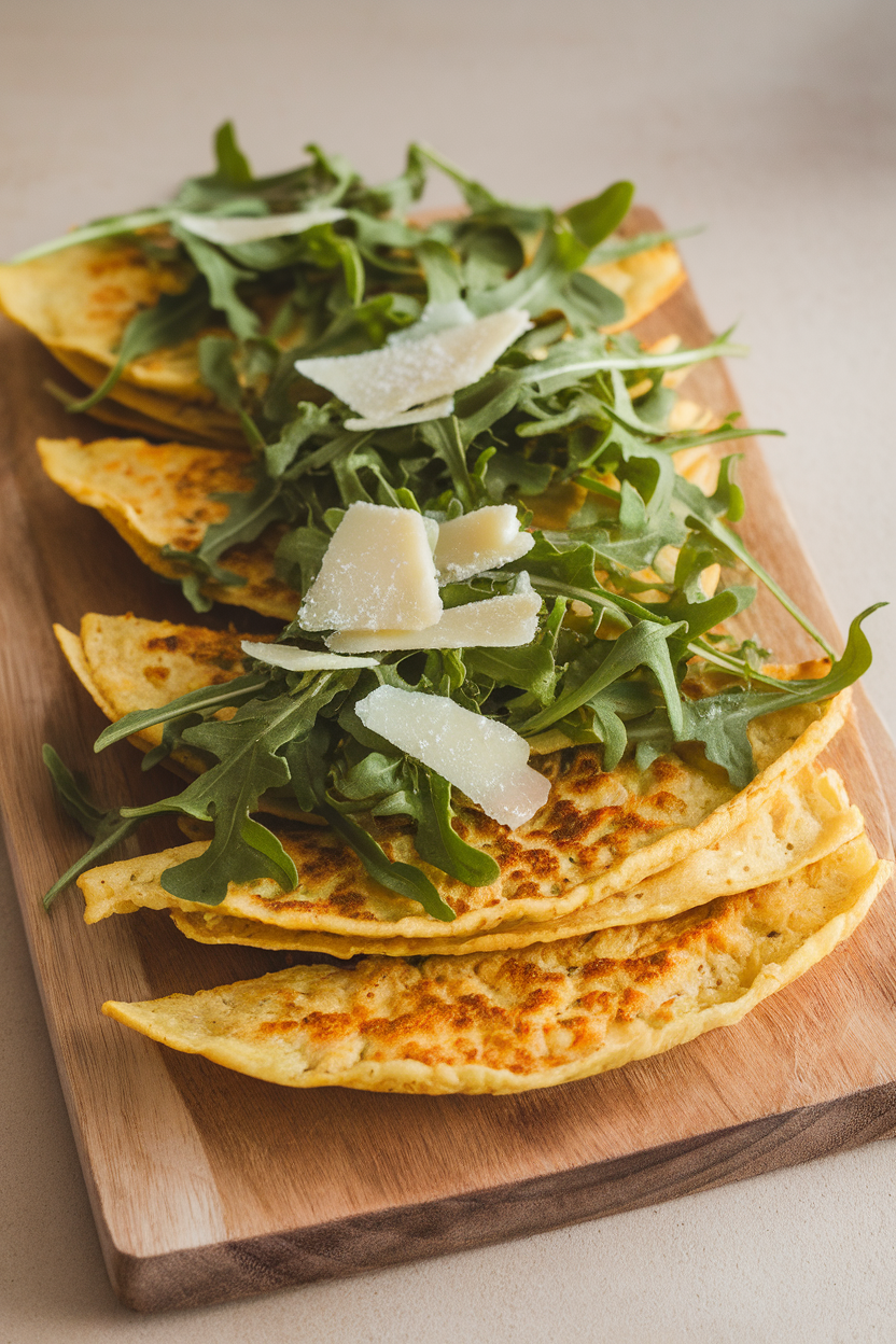 Photo of golden socca wedges topped with arugula and shaved Parmesan, indoors on a wooden board. No text or logos anywhere.