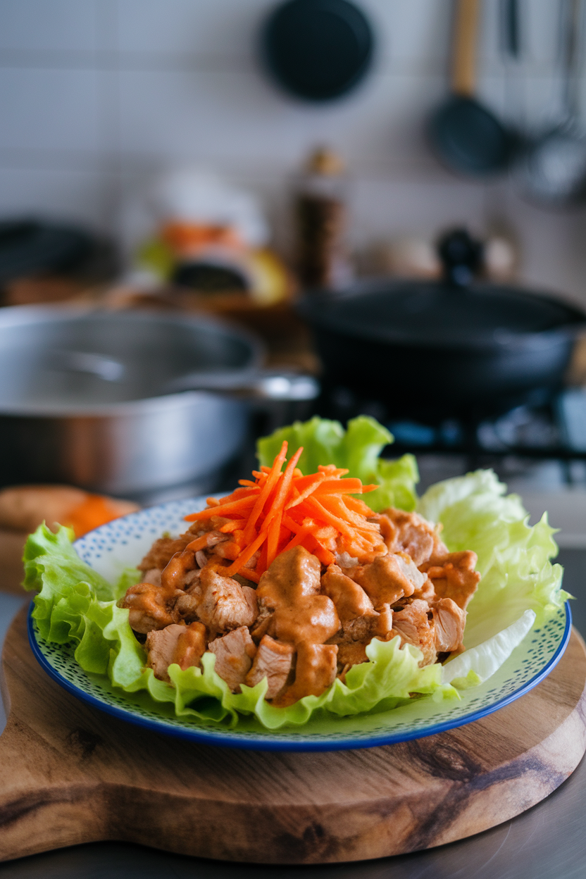 Indoor plate with butter lettuce leaves holding diced chicken tossed in peanut sauce, topped with shredded carrots. No text or logos.