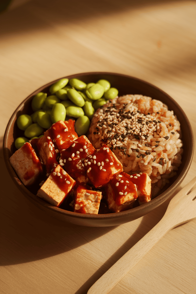 Warmly lit indoor photo of cubed baked tofu coated in chili sauce, shelled edamame, and a mound of brown rice sprinkled with sesame seeds; no text or logos.