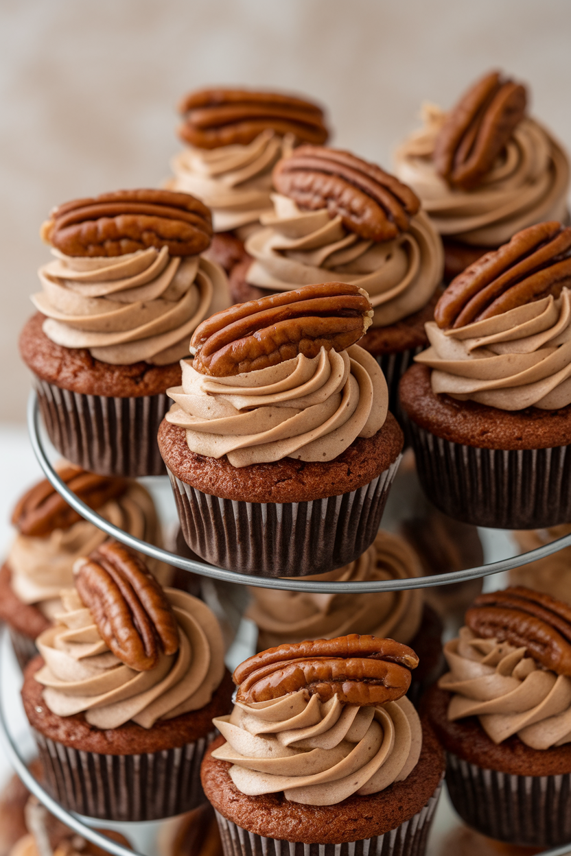Indoor photo of frosted cupcakes topped with glossy pecan praline shards, arranged on a tiered stand. No text or logos.