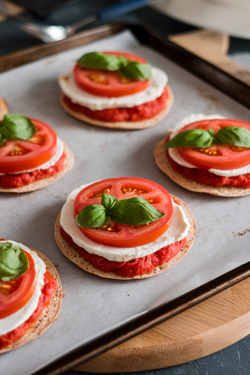 An indoor baking sheet featuring mini pizzas made on whole-wheat pita rounds, topped with melted mozzarella, tomato slices, and fresh basil. No text or logos on cookware.