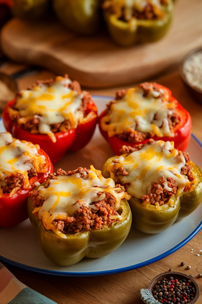 Plate of baked bell peppers filled with seasoned ground beef and rice, topped with melted cheese, indoor setting. No text or logos. Photo.