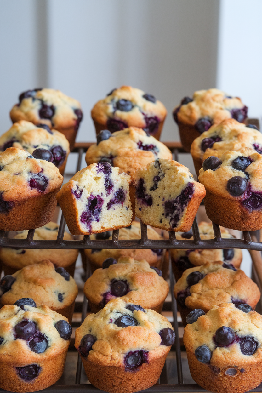 An indoor bakery rack lined with golden muffins bursting with blueberries, one split open to show crumb. Photo only, no text or logos.