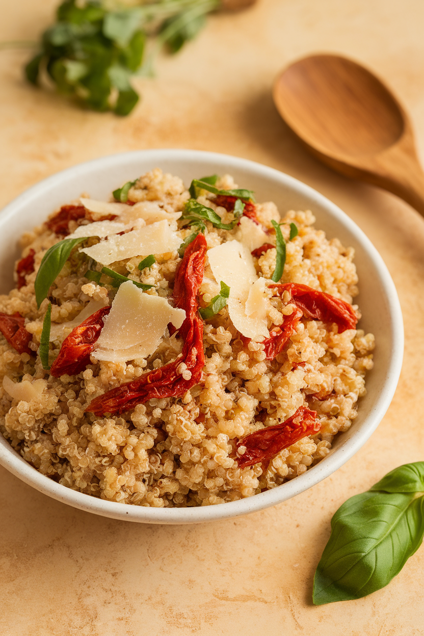 Warm indoor shot of quinoa tossed with chopped sun-dried tomatoes, basil chiffonade, and shaved Parmesan. No text or logos.