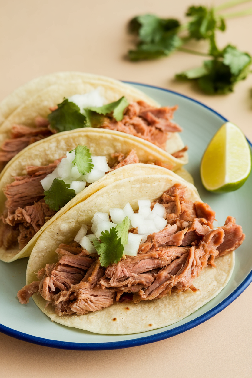 Indoor photo of soft corn tortillas filled with crispy pork carnitas, diced onion, and cilantro, lime wedges on side, no text or logos. Photograph, not illustration.