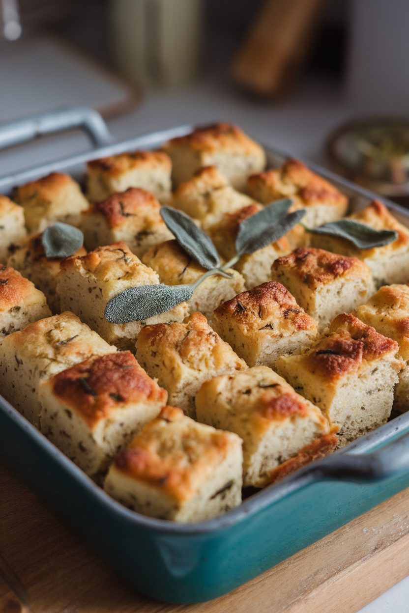 Photo of an indoor baking dish of golden sourdough stuffing cubes dotted with fresh sage leaves; no text or logos