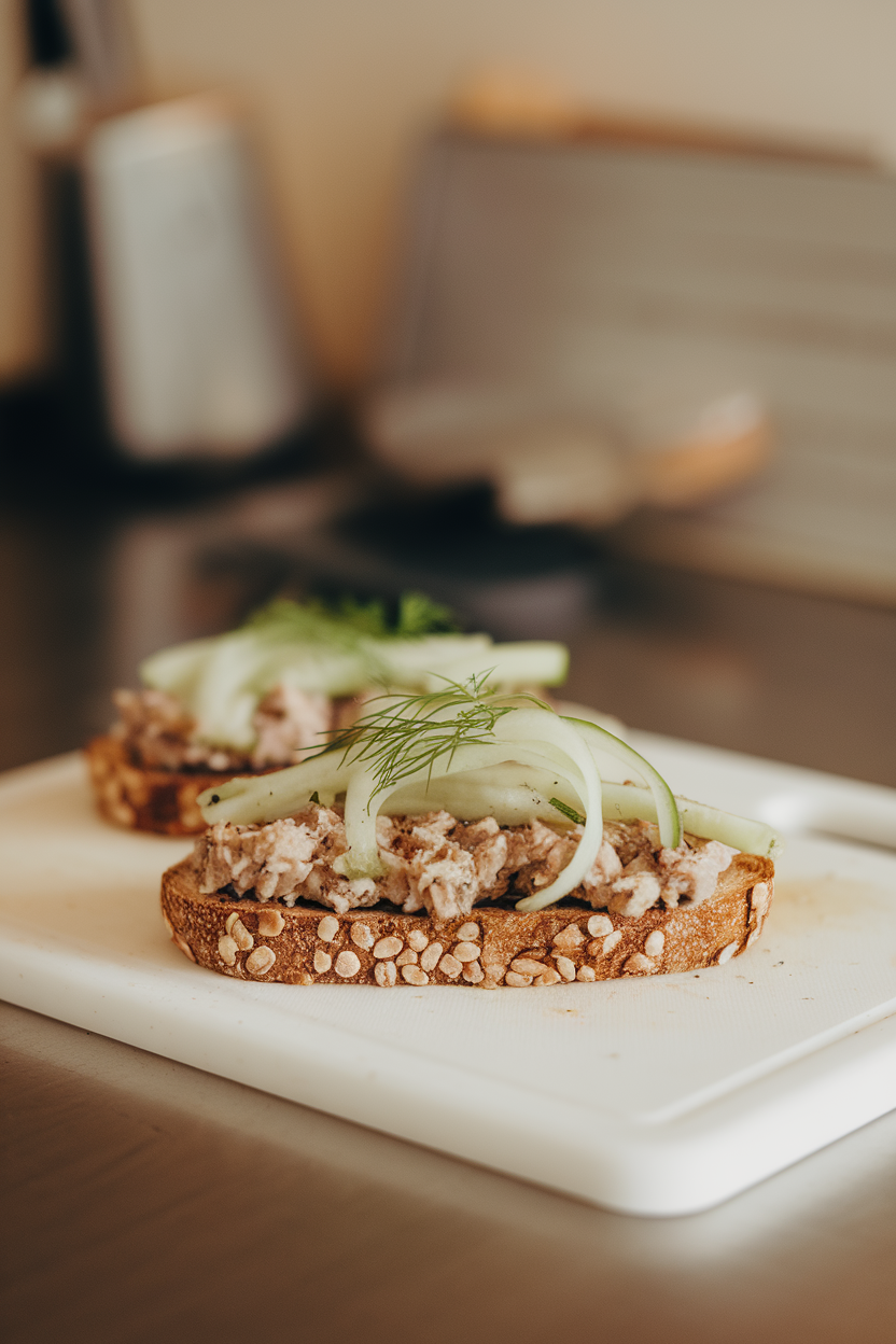 Indoor photo of whole-grain toast topped with mashed sardines, thin pickled cucumber ribbons, and fresh dill sprigs on a cutting board. No text or logos.