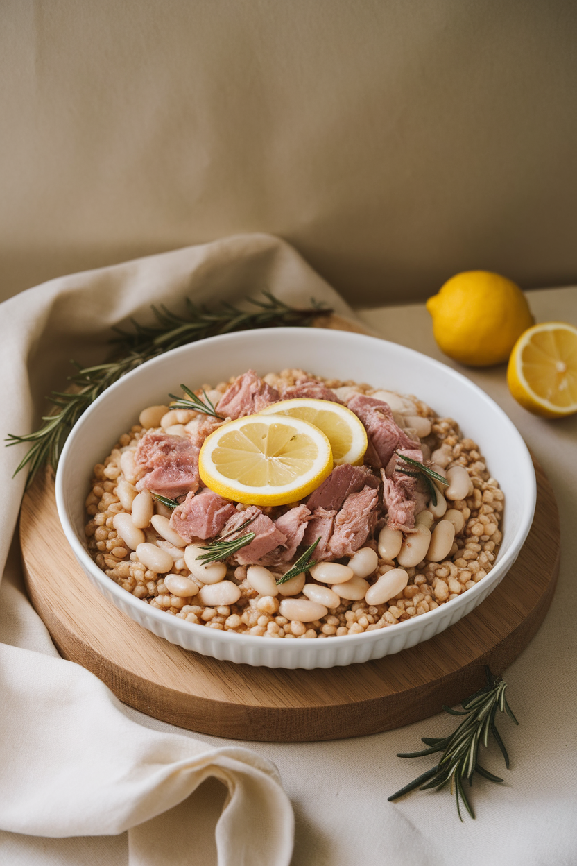 Indoor photo of white beans simmered with rosemary, topped with flaked tuna and lemon slices on barley. No text or logos.