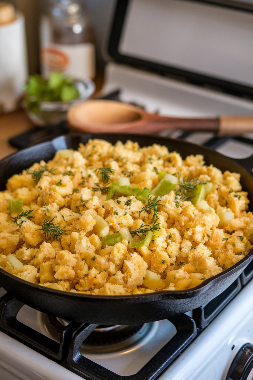 Indoor stove-side view of a cast-iron skillet filled with golden cornbread dressing dotted with celery and herbs, no text or logos. Photo.
