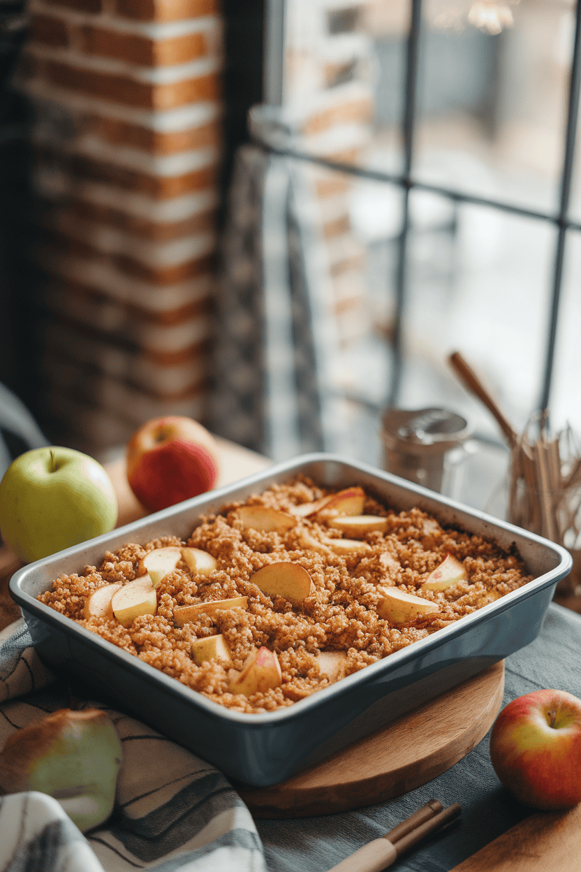 A baking dish on an indoor table with golden baked quinoa studded with apple chunks and cinnamon, no text