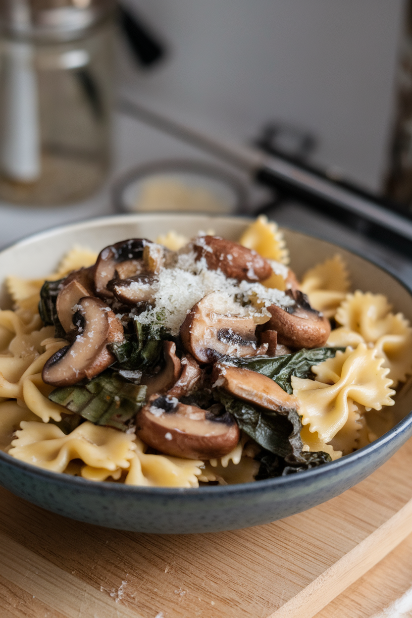 A pasta bowl indoors filled with bow-tie pasta, sautéed mushrooms, wilted Swiss chard, and grated Pecorino. No logos or text.