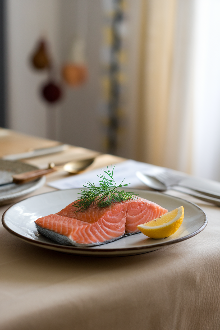 A gently lit indoor dinner table showing a white plate holding a cooked pink salmon fillet garnished with a sprig of dill and a lemon wedge. No raw fish, no text, no logos; photo only.