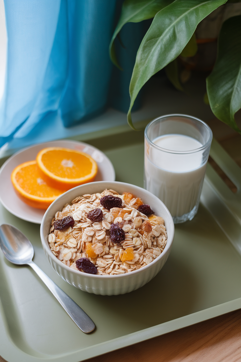 Photo of a bowl of uncooked muesli with oats, dried fruit, and nuts, set indoors on a breakfast tray. No text or logos anywhere.