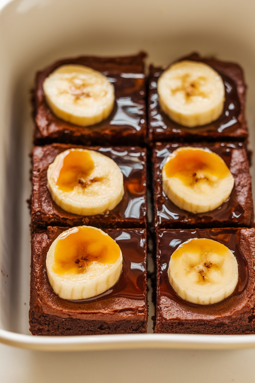 Indoor photo of brownies topped with caramelized banana slices and glossy rum sauce, glistening under warm light; no text or logos