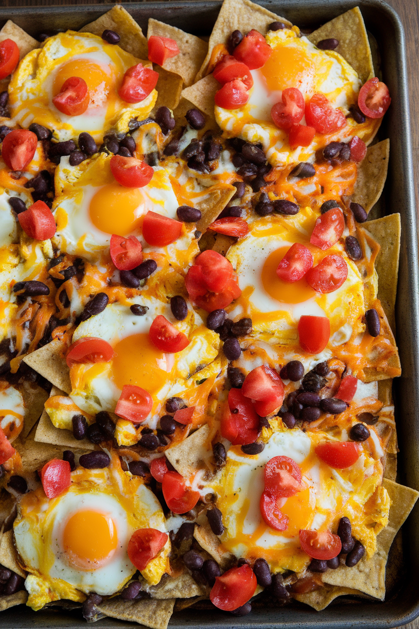 Indoor baking sheet filled with tortilla chips topped with scrambled eggs, black beans, melted cheese, and diced tomatoes. No text or logos.