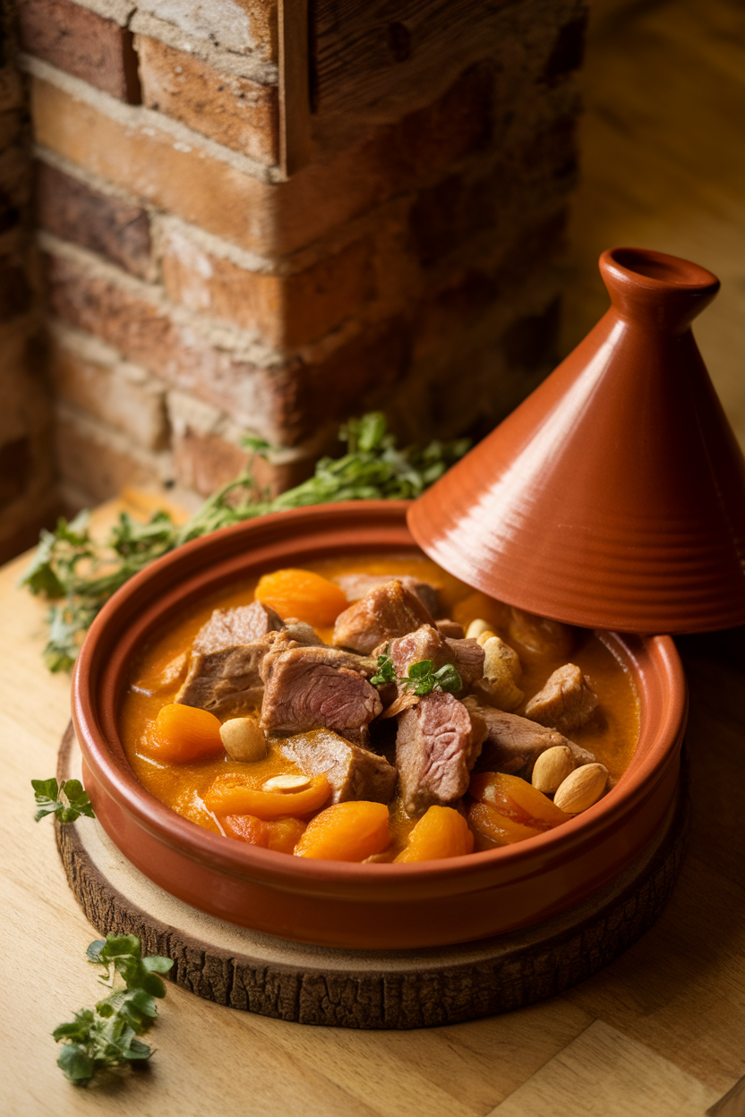 Indoor photo of a tagine dish with chunks of lamb, apricots, and almonds in saffron broth, no text or logos. Photograph, not illustration.