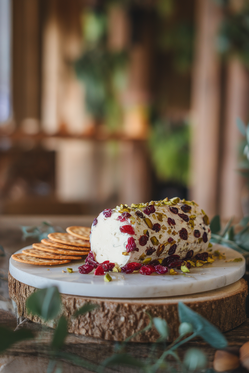 Indoor photo of a goat cheese log rolled in dried cranberries and chopped pistachios on a marble slab with crackers; no text or logos.
