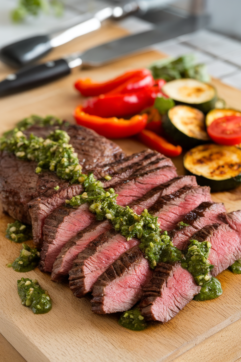An indoor cutting board with sliced medium-rare flank steak drizzled with green chimichurri, roasted veggies on the side. No text or logos, photo style.