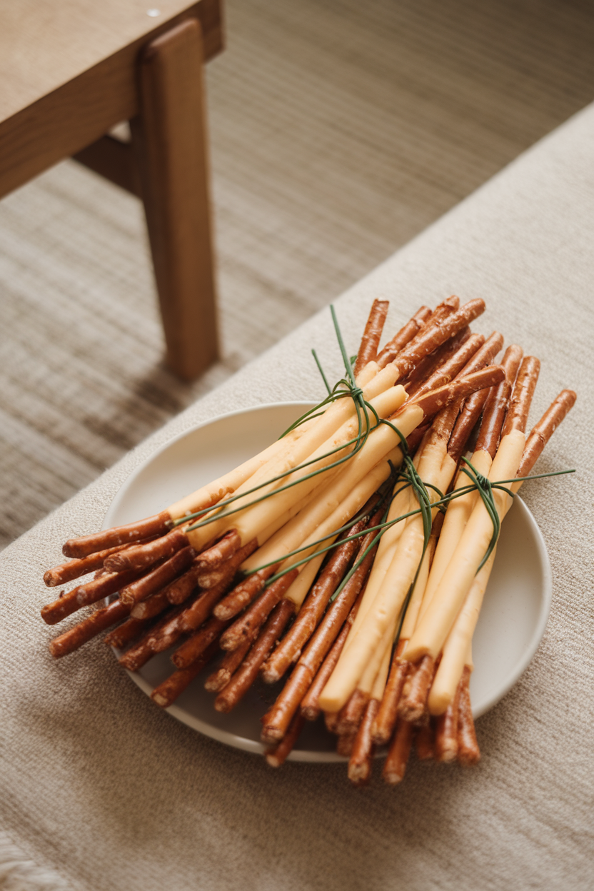 Indoor coffee table scene of cheese string “bristles” tied to pretzel stick handles with chive knots. Photo, no text or logos.