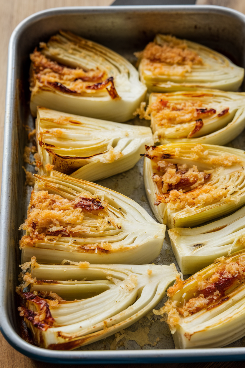 Indoor baking dish featuring roasted fennel wedges with golden Parmesan crust and caramelized edges. Photo, no text or logos.